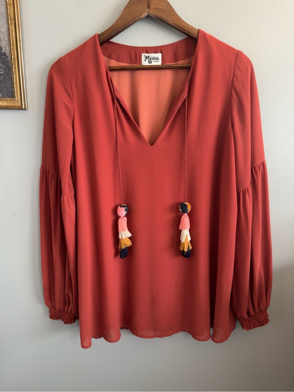 Show Me Your Mumu Rust Boho Tassel Tie Blouse XS Bell Sleeve - Picture 3 of 7
